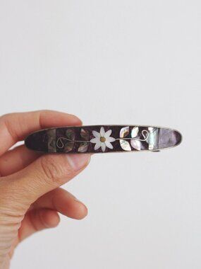 Vintage Alpaca Silver Hair Barrette Mexico Floral Mother-Of-Pearl Abalone Shell